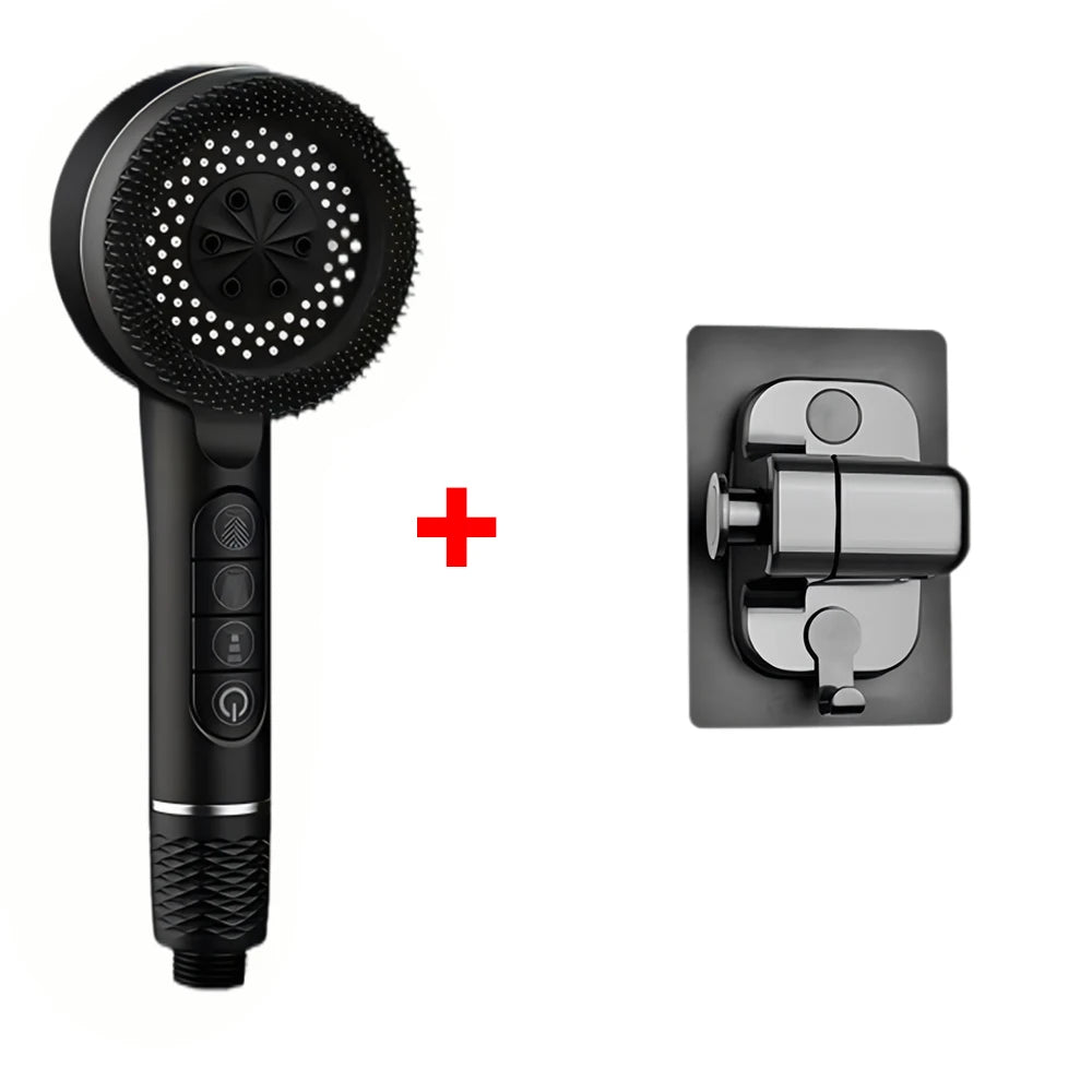 A black high pressure shower head and a matching single-handle shower mixer tap are shown with a red plus sign.