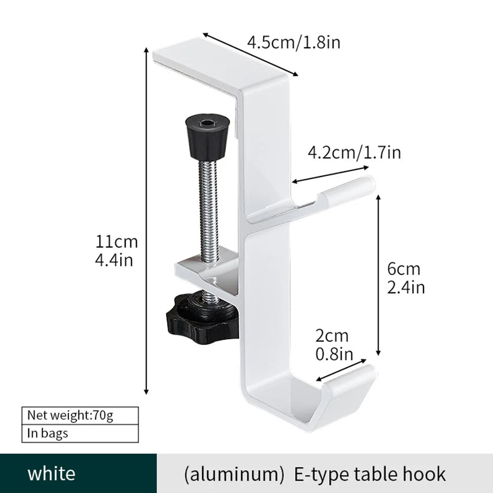 White aluminum E-type table hook used for hanging bags and small items