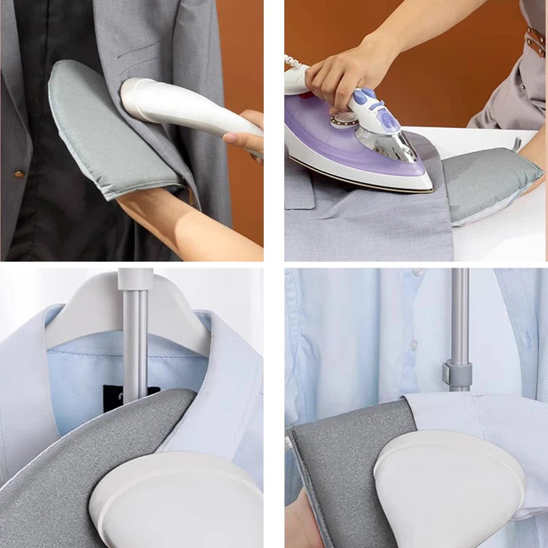 Close-up shots of a heat resistant ironing pad and iron being used on clothing.
