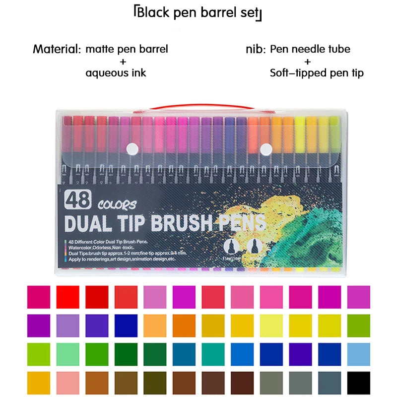 Ein Set von 48 Doppelspitzen-Brush-Stiften in verschiedenen Farben, angeordnet in einem Raster.