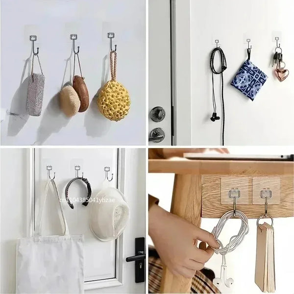 A set of self-adhesive rotating wall hooks in various colors and materials displayed on a white wall.