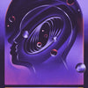 A purple abstract art print featuring a silhouette of a head with swirling lines and glowing spheres.