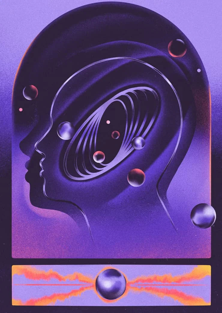 A purple abstract art print featuring a silhouette of a head with swirling lines and glowing spheres.
