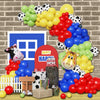 A colorful balloon garland featuring yellow, green, red, and blue balloons with cow print patterns.