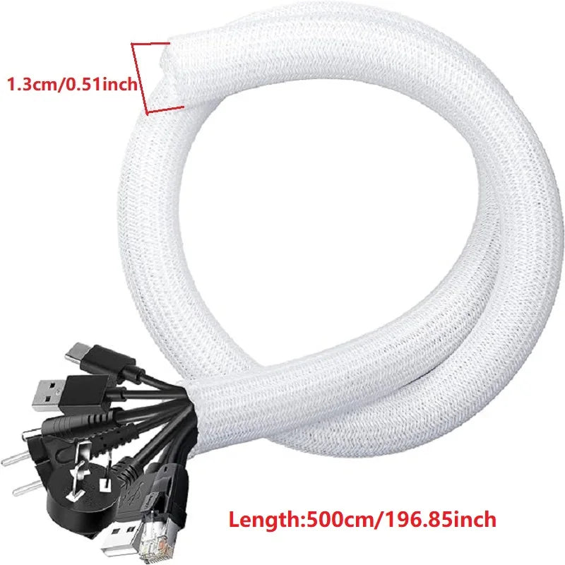 White braided cable sleeve with a 1.3cm diameter and a length of 500cm