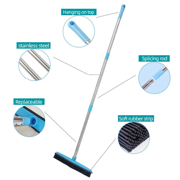 Diagram showing components of a telescopic rubber broom including the handle, splicing rod, stainless steel, and soft rubber 