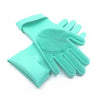A pair of light green silicone dishwashing gloves with textured palms and fingers.
