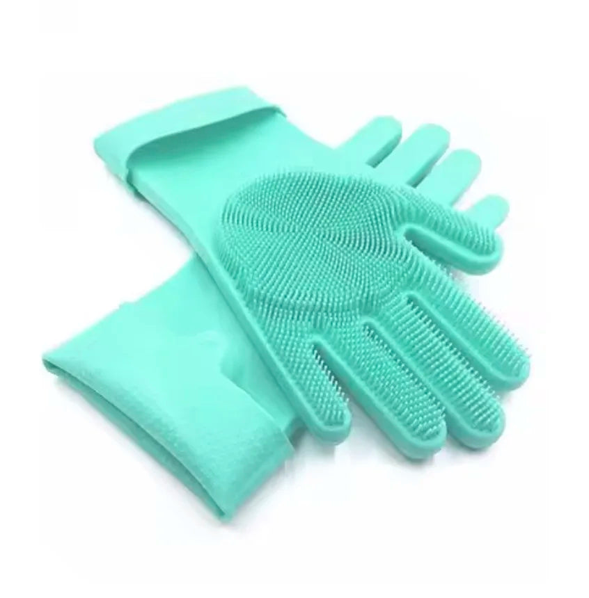 A pair of light green silicone dishwashing gloves with textured palms and fingers.