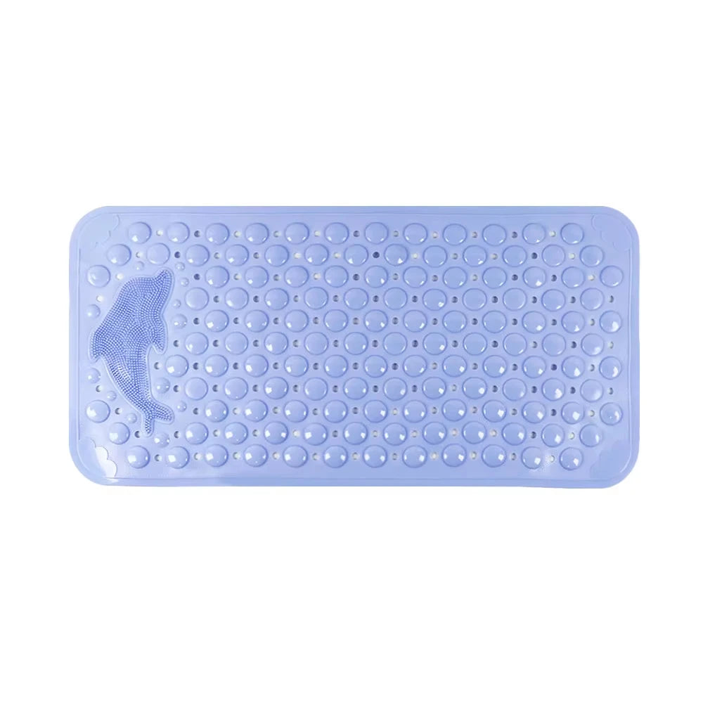 A rectangular purple non-slip bath mat with molded holes and a dolphin shape relief.