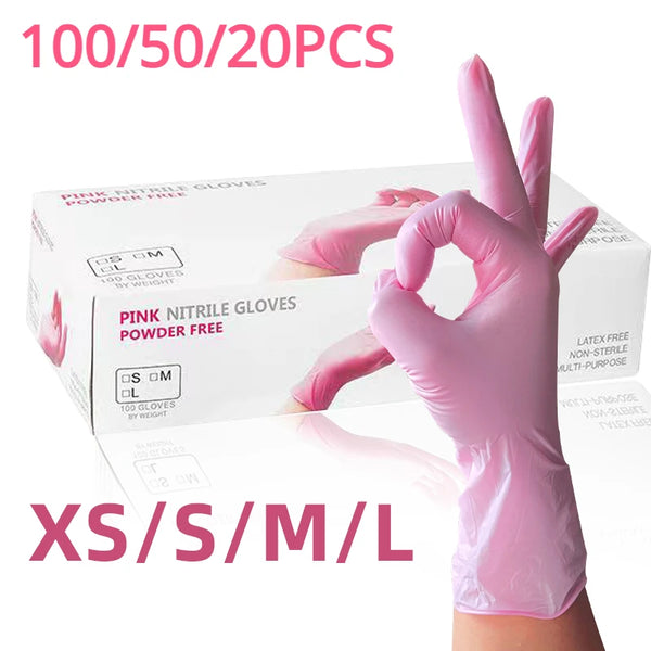 Box of 100/50/20 packs of pink powder-free nitrile gloves in various sizes
