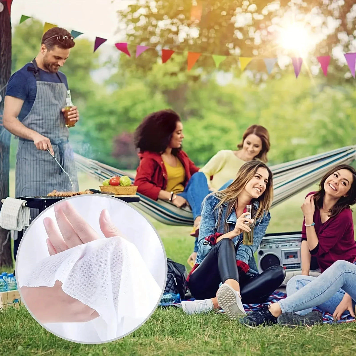 Un grupo de amigos disfrutando de una reunión al aire libre con una pancarta festiva, incluyendo a una mujer sosteniendo una 