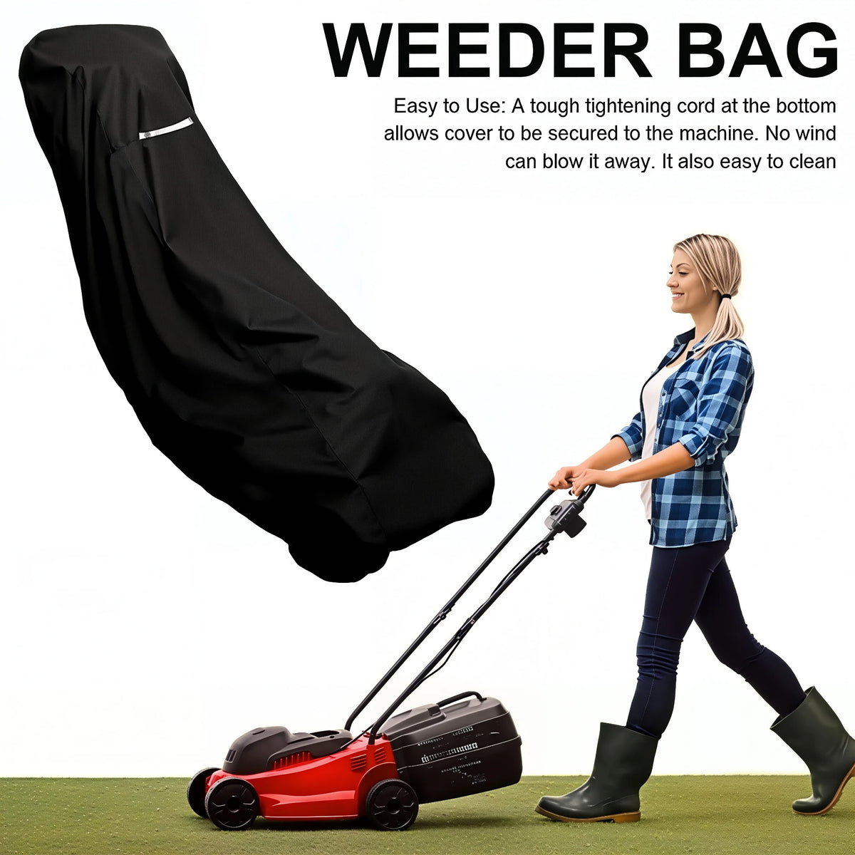 A woman is using a weed bag to cover a lawn mower, demonstrating its easy-to-use feature.