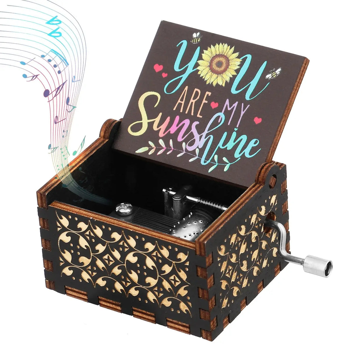 A dark wooden music box with an engraved lid featuring the text You Are My Sunshine and a decorative floral pattern.
