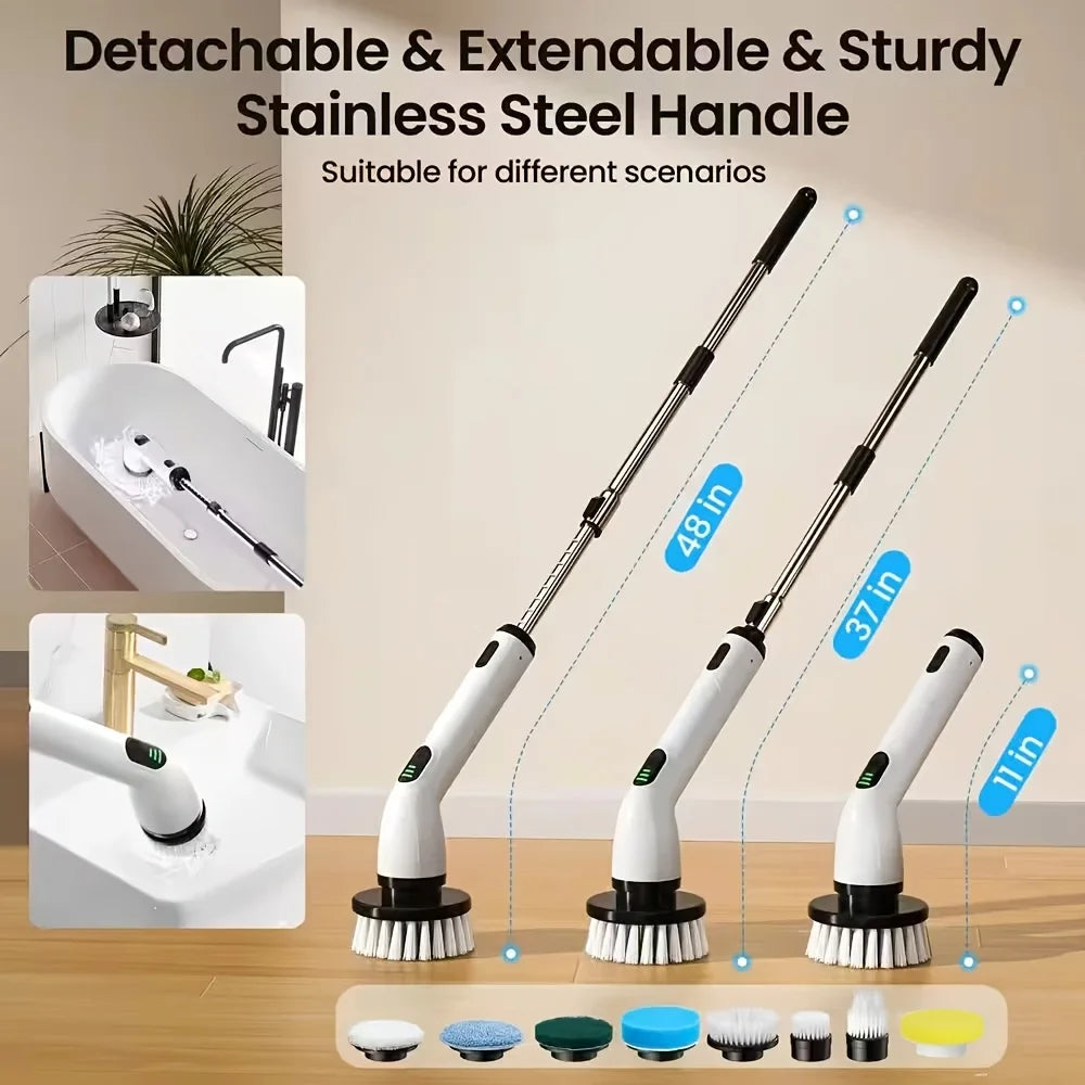 A set of detachable and extendable stainless steel cleaning handles with various brush heads for different scenarios.