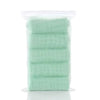 Paquete de plástico transparente con un pack de 5 toallitas orgánicas de algodón para bebé y cara de color verde claro.