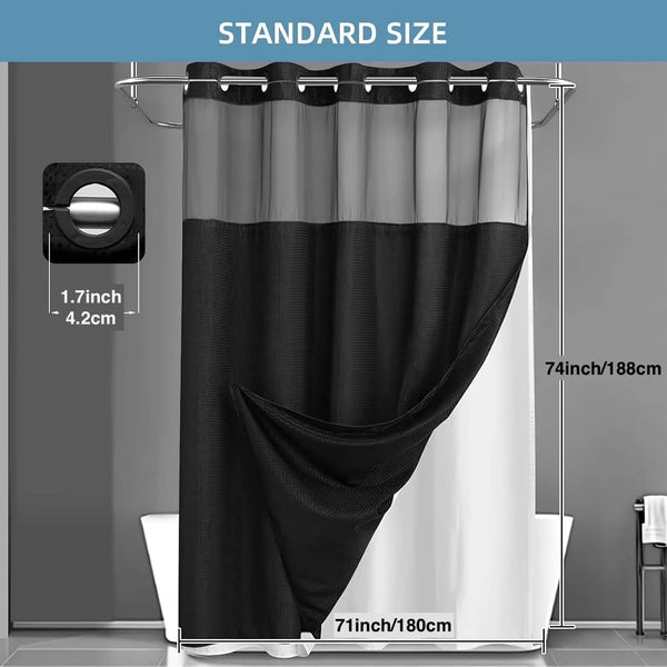 Black shower curtain hanging on a rod with a white liner visible.