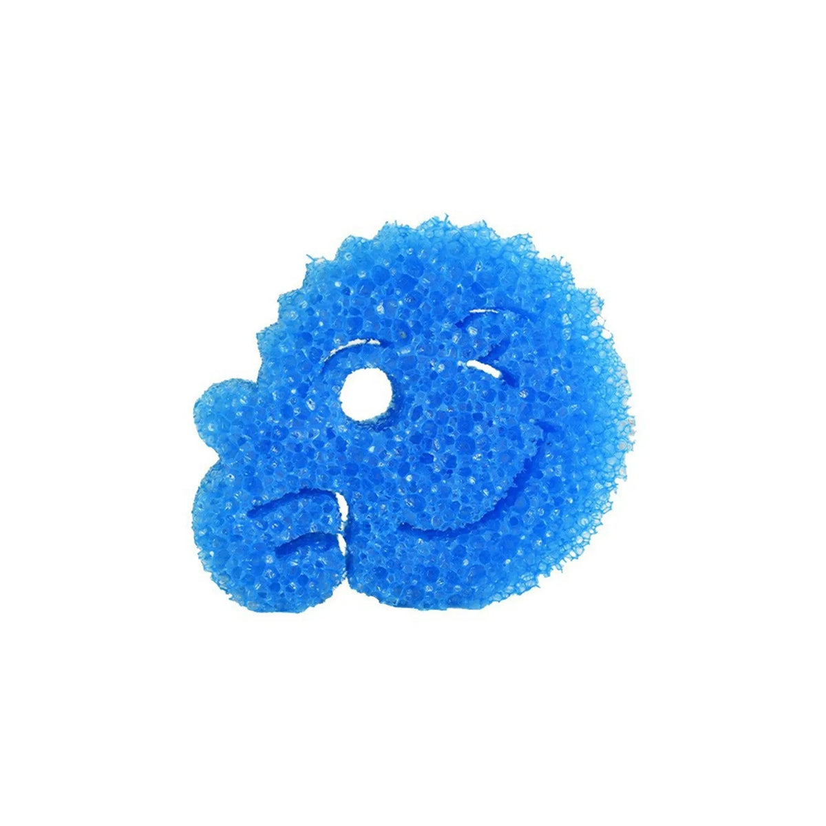 A bright blue, textured dish scrubbing sponge with a smiling face.