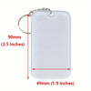 A rectangular white acrylic keychain with a silver keyring and dimensions listed.
