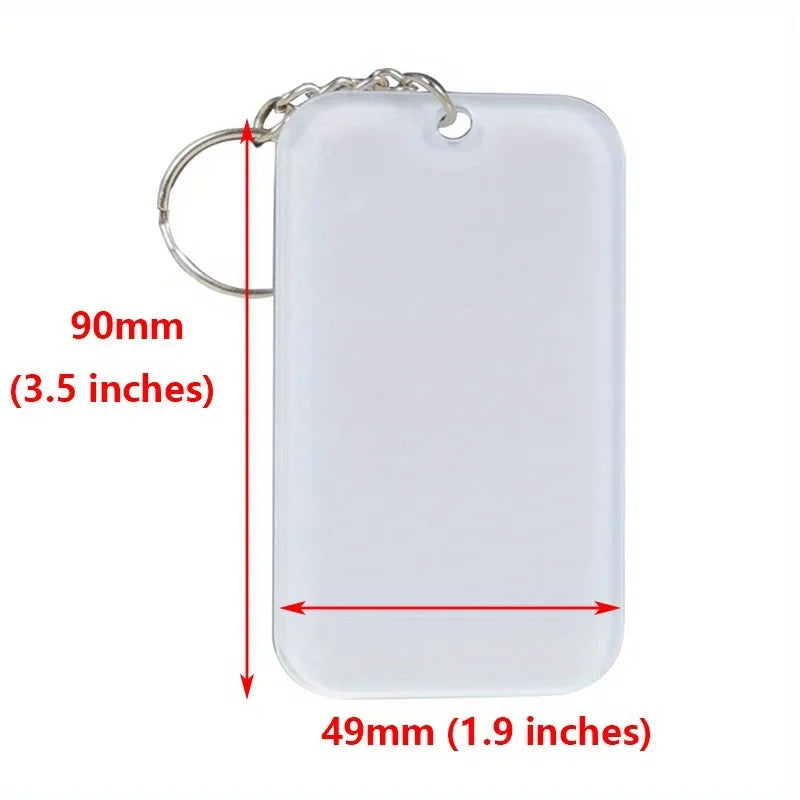 A rectangular white acrylic keychain with a silver keyring and dimensions listed.