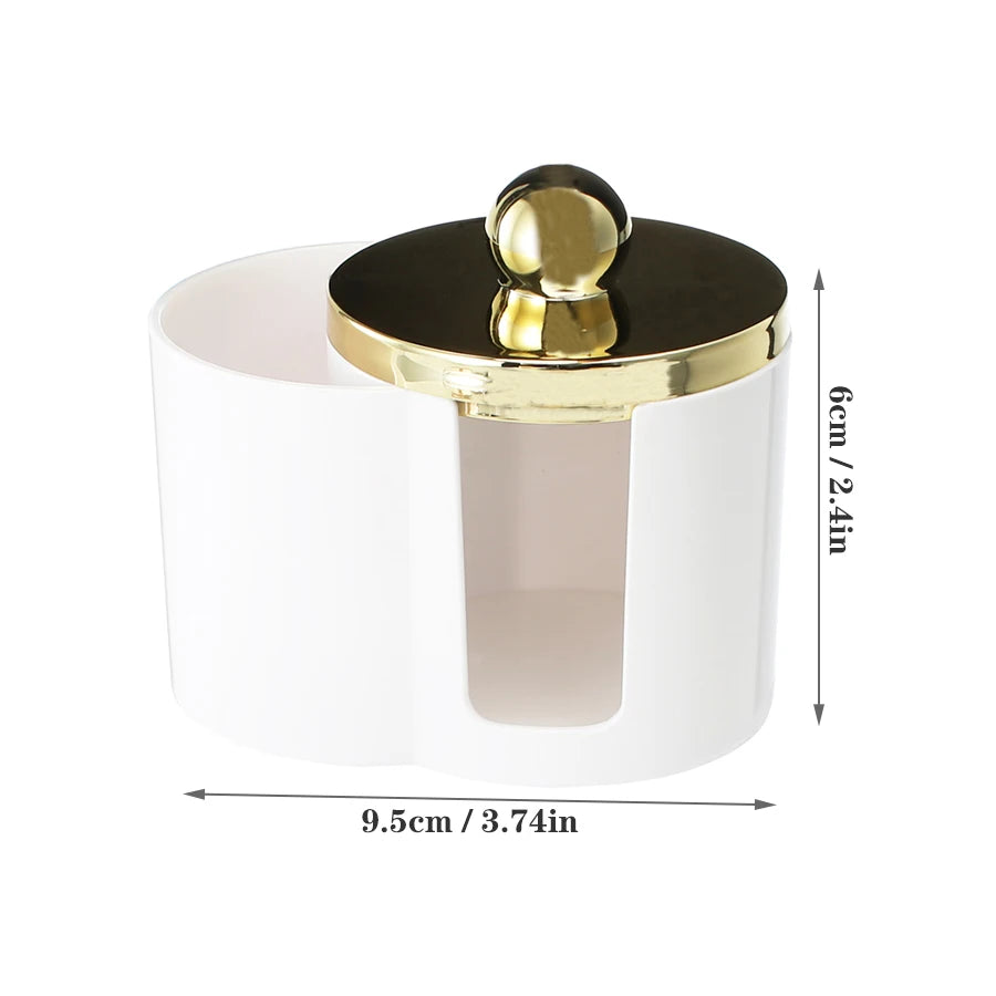 White plastic bathroom organizer with a gold-colored lid for storing cotton swabs and makeup accessories