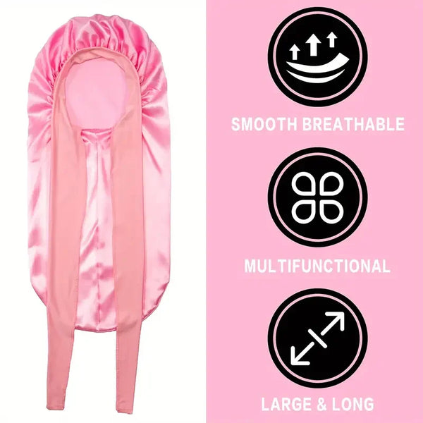 Pink satin sleep bonnet with a long strap and features smooth breathable, multifunctional, and large & long design.