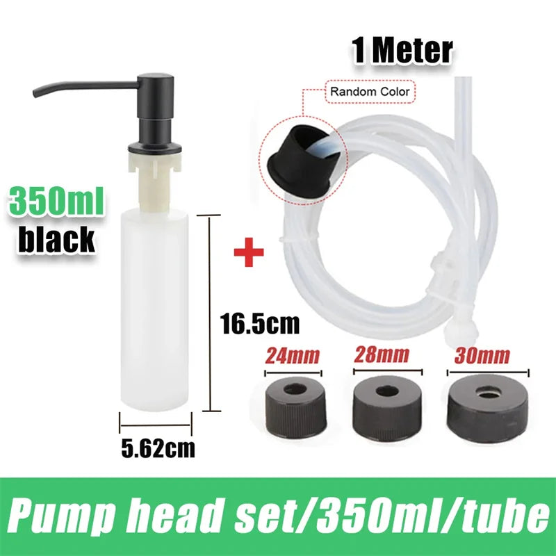 A set of a 350ml black pump head and tube with various sizes for liquid soap dispensing.