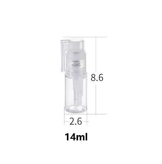 A clear glass bottle of refillable styling mist spray with a 14ml capacity and dimensions 8.6 by 2.6 cm.