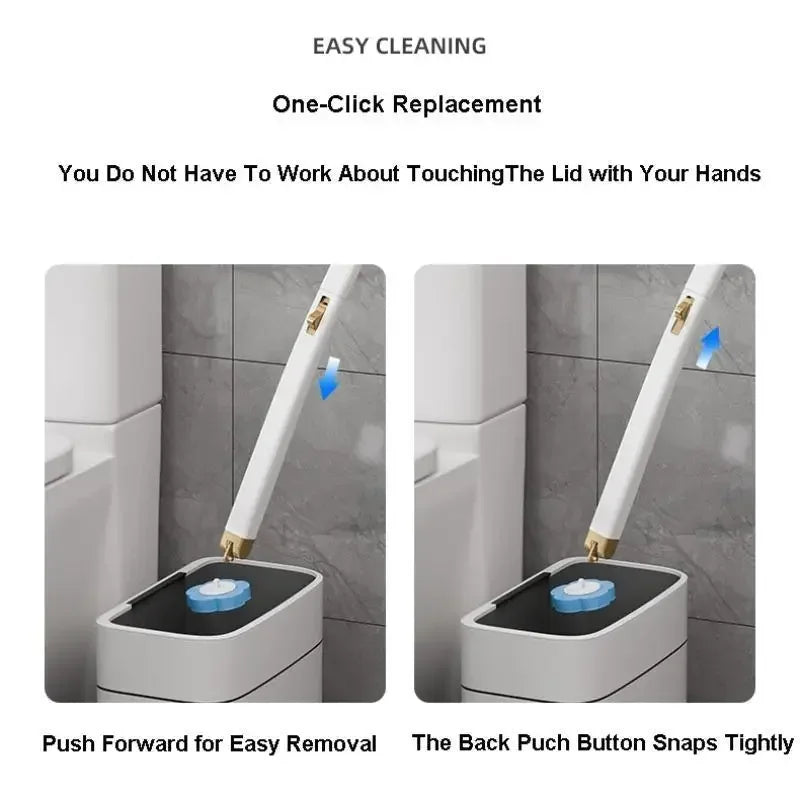 A disposable toilet cleaning brush with a white handle and blue grip is shown being easily replaced on a toilet.
