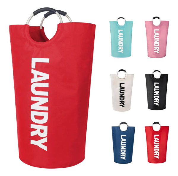 Red collapsible laundry basket with padded handles and multiple color options.
