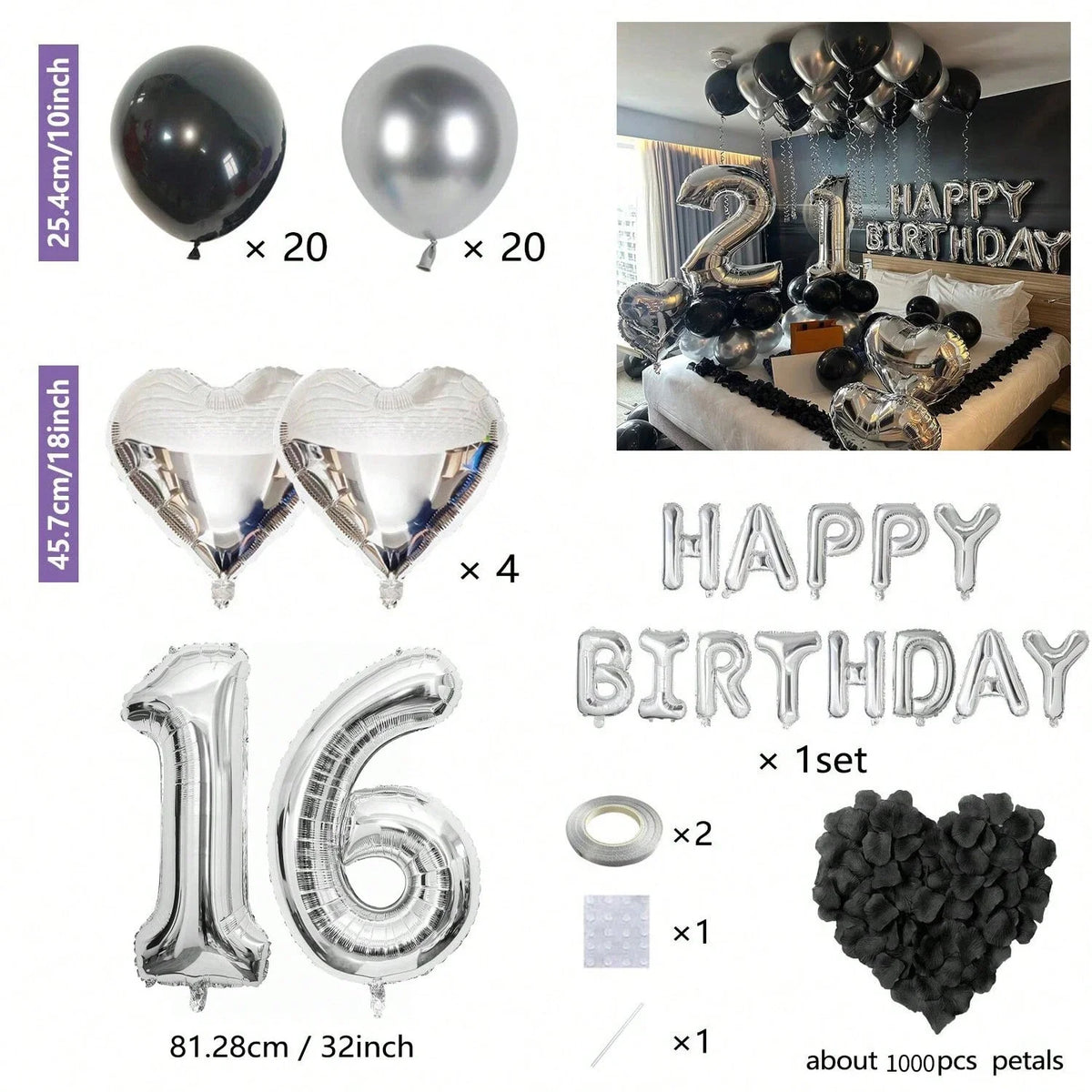 Bulk set of silver and black balloons including round, heart, and letter shapes for parties