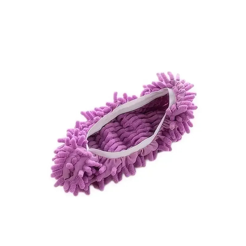 Purple dust-absorbing slippers with a fuzzy texture for floor cleaning