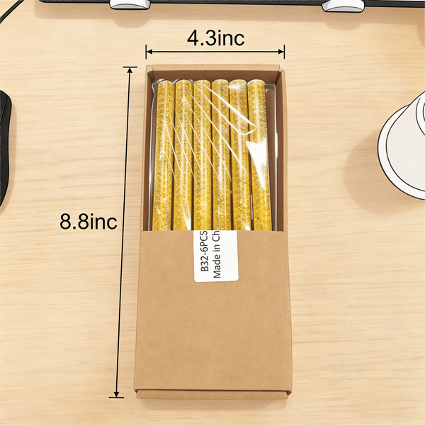 A box containing 32 gold birthday candles, measuring 4.3 inches in length.