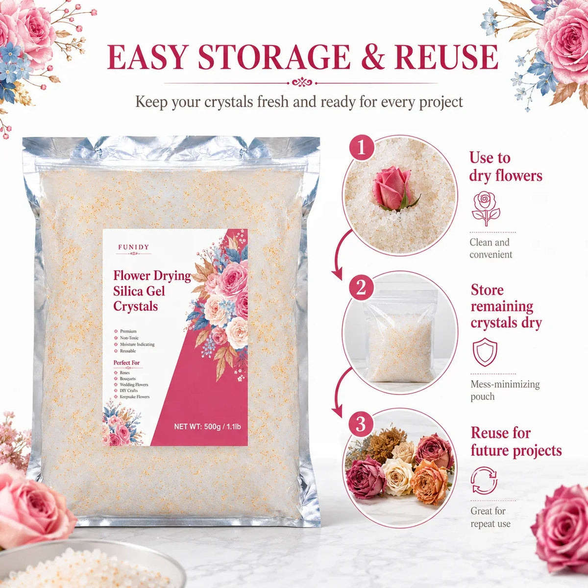 A bag of Flower Drying Silica Gel Crystals with a pink rose design, ready for storage and reuse.