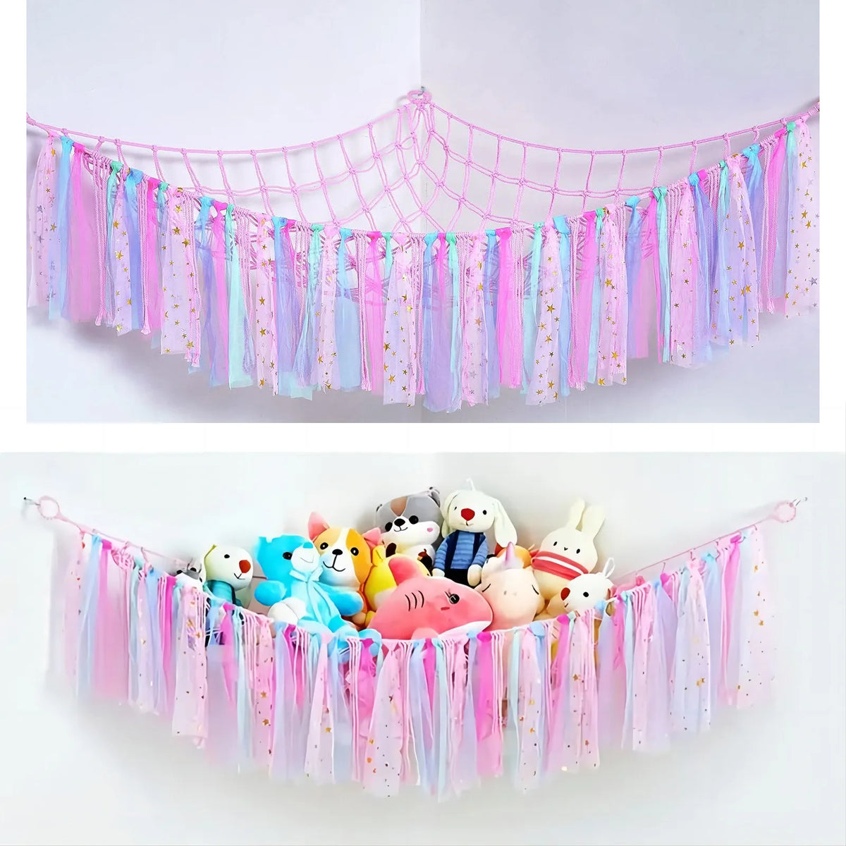 A colorful bohemian stuffed animal hammock featuring pink, blue, and purple fabric streamers.