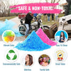 A pile of vibrant blue and pink powder is shown next to a motorcycle, with text emphasizing safe, non-toxic, and environmenta