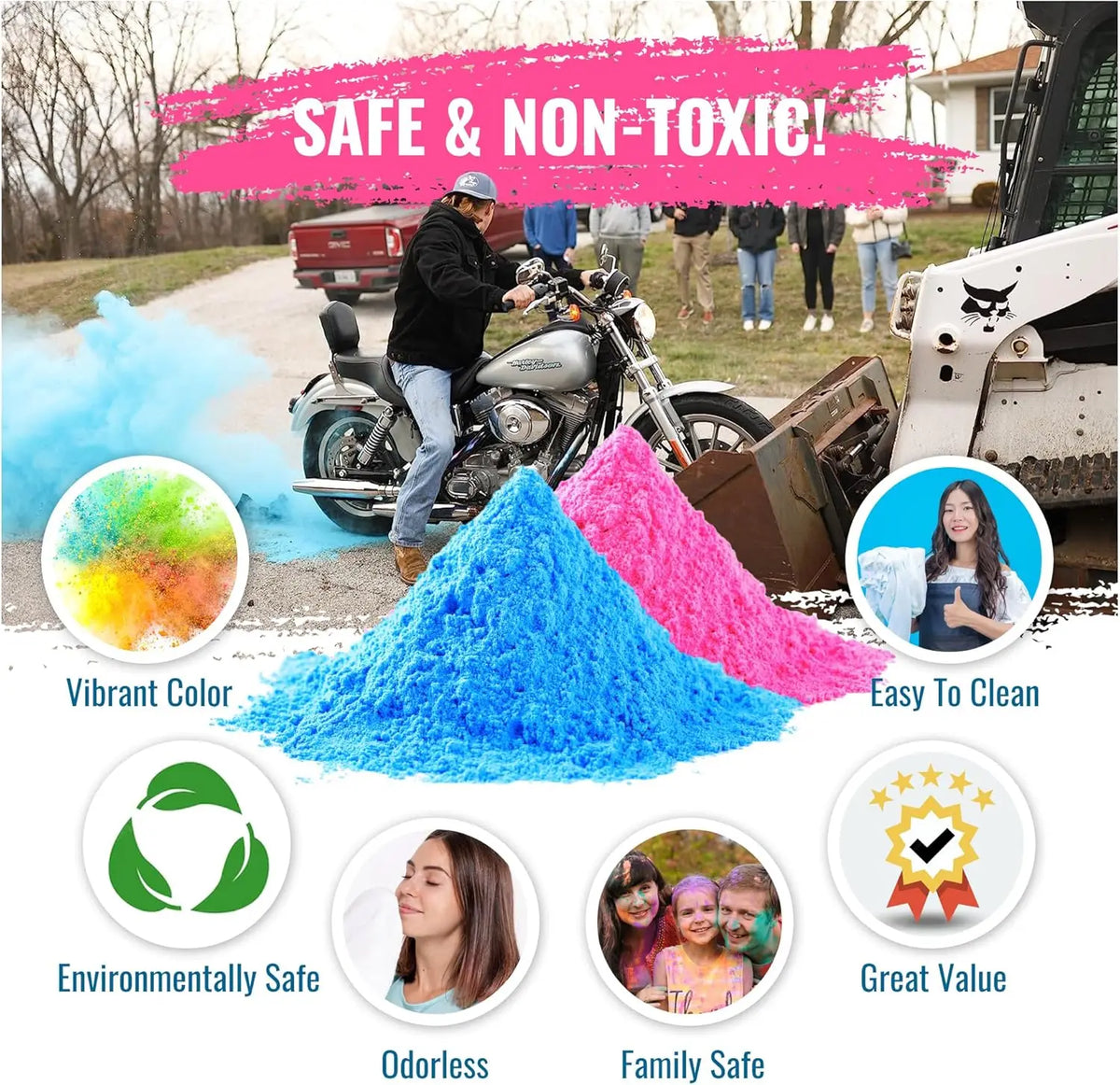 A pile of vibrant blue and pink powder is shown next to a motorcycle, with text emphasizing safe, non-toxic, and environmenta
