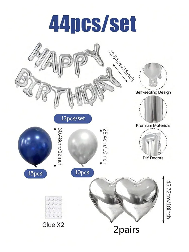 A set of 44 pieces including happy birthday letters, balloons, and glue for DIY decorations.