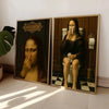 A framed print featuring a dark portrait of a woman with long hair and a dramatic expression.