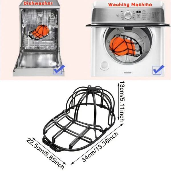 Three orange basketball cages used for washing or storage are shown next to a dishwasher and a washing machine.
