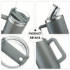 Insulated stainless steel tumbler with handle and straw shown from multiple angles