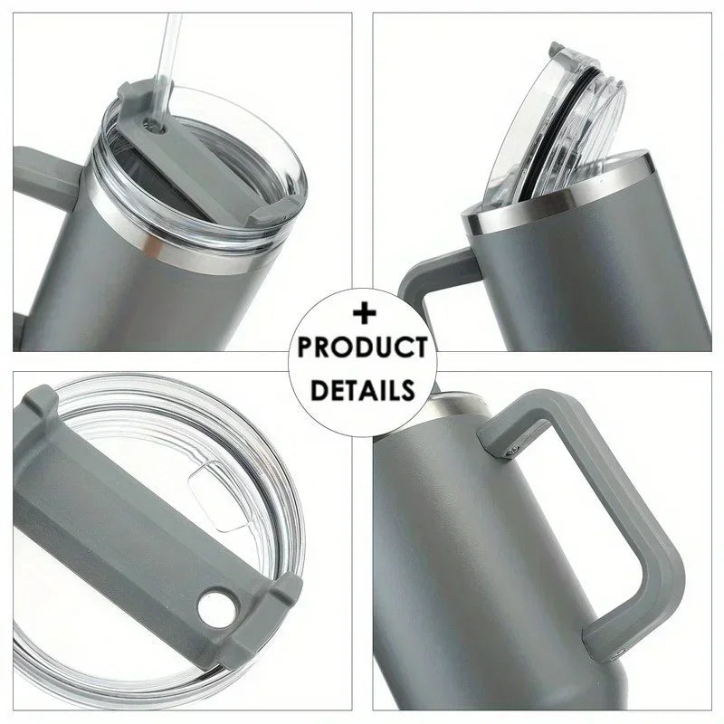 Insulated stainless steel tumbler with handle and straw shown from multiple angles