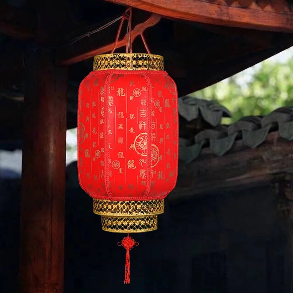 A durable antiqued red Chinese lantern hanging from a wooden structure.