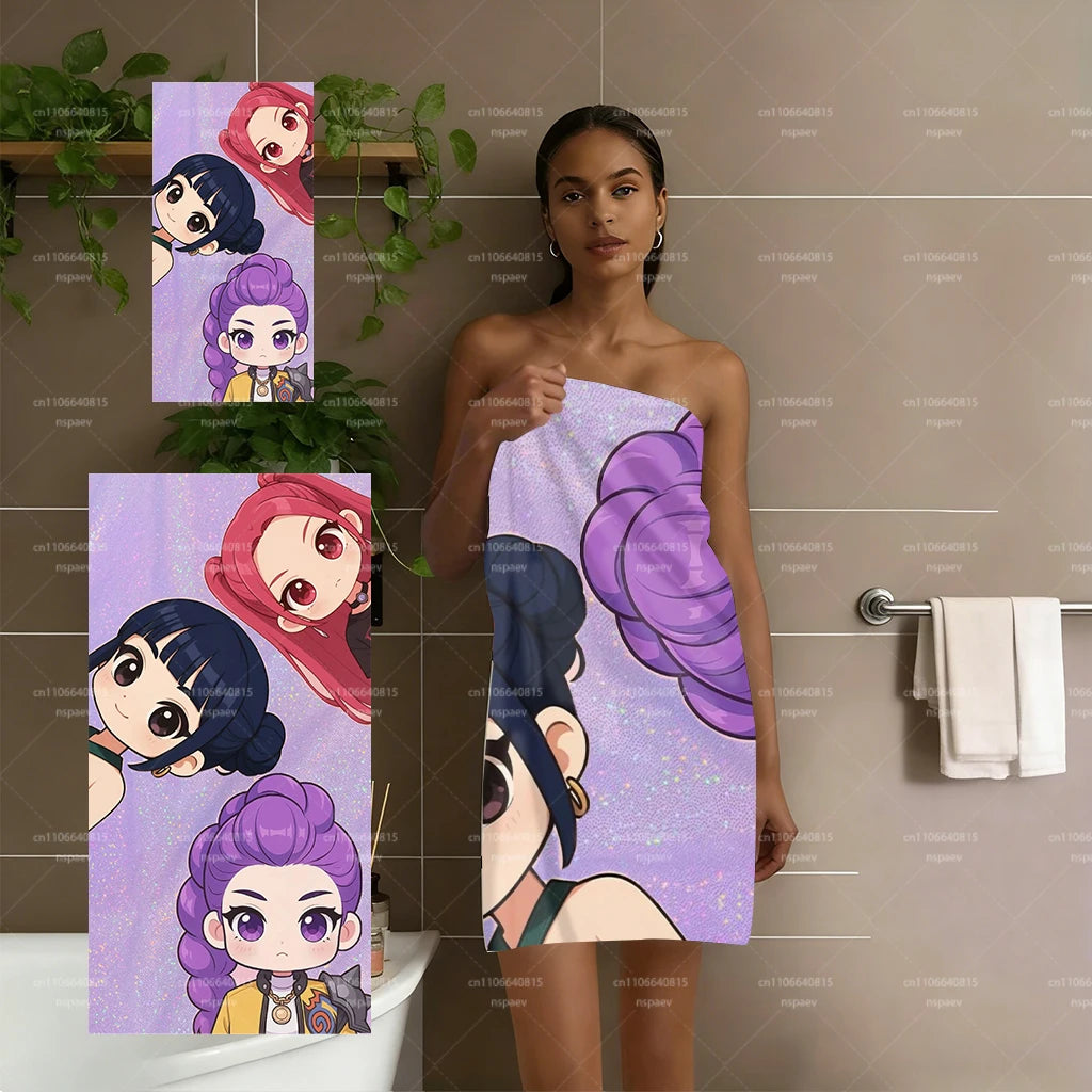 A woman models a glitter purple chibi anime beach towel featuring multiple cute characters.
