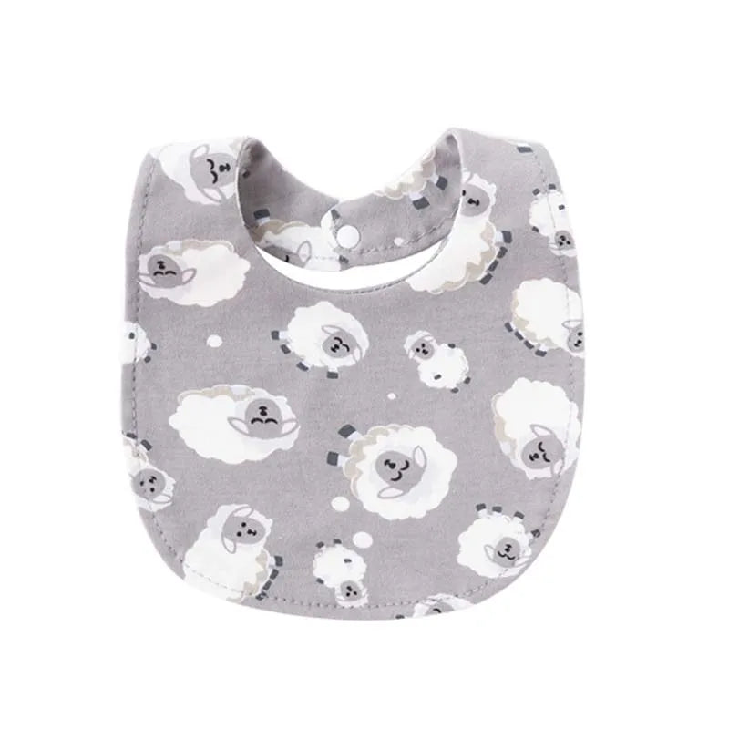 A pack of soft cotton baby bibs featuring cute sheep prints in gray and white.
