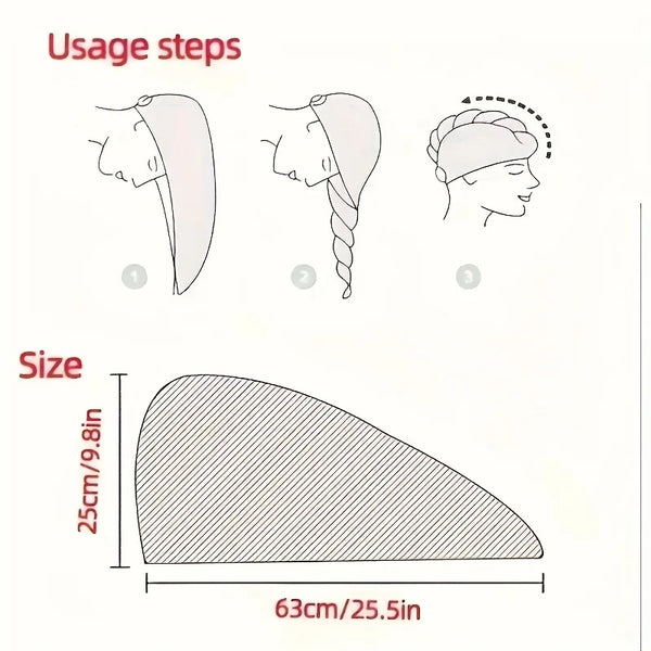 Diagram showing the three usage steps for a hair drying towel and its size dimensions.