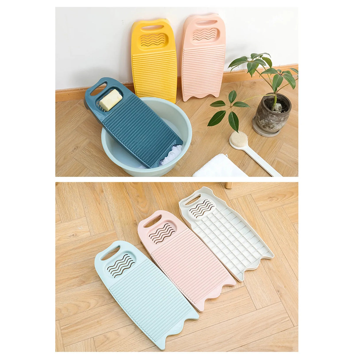 A set of plastic thickened washboards in yellow, pink, and blue are displayed on a wooden surface with potted greenery.
