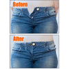 Before and after comparison showing adjustable button extenders on denim clothing