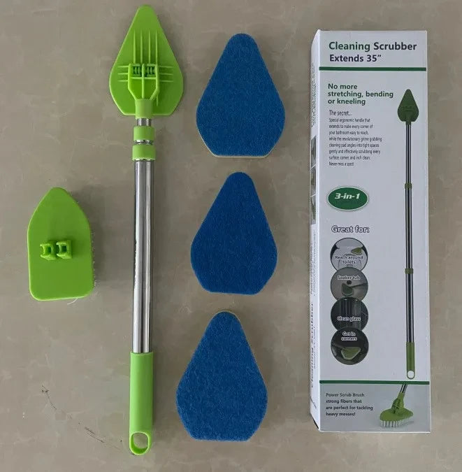 A set of green and blue triangular cleaning scrubbers with a metal handle shown next to its packaging.