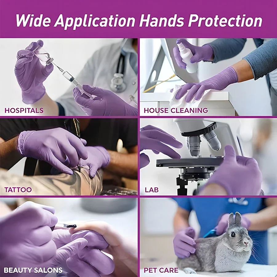 Hands wearing purple nitrile gloves performing various professional tasks including medical procedures, cleaning, tattooing, 