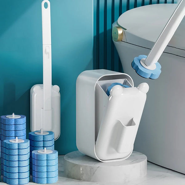 A white wall-mounted disposable toilet brush set is shown next to a toilet, against a teal and green striped background.